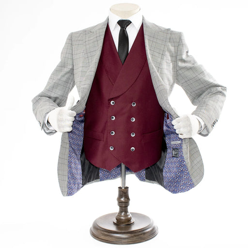 Men's Burgundy And Gray Dupplin Plaid 3-Piece Suit