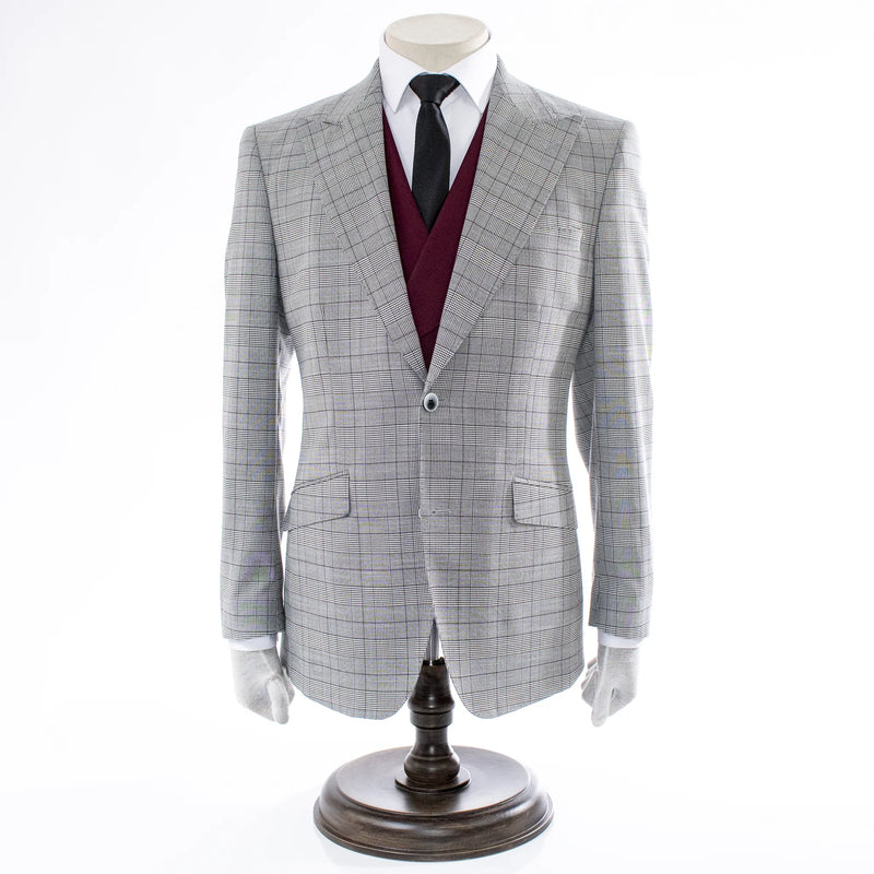 Men's Burgundy And Gray Dupplin Plaid 3-Piece Suit