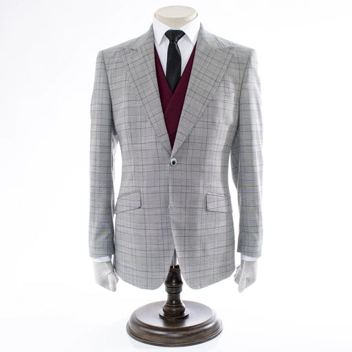 Men's Burgundy And Gray Dupplin Plaid 3-Piece Suit