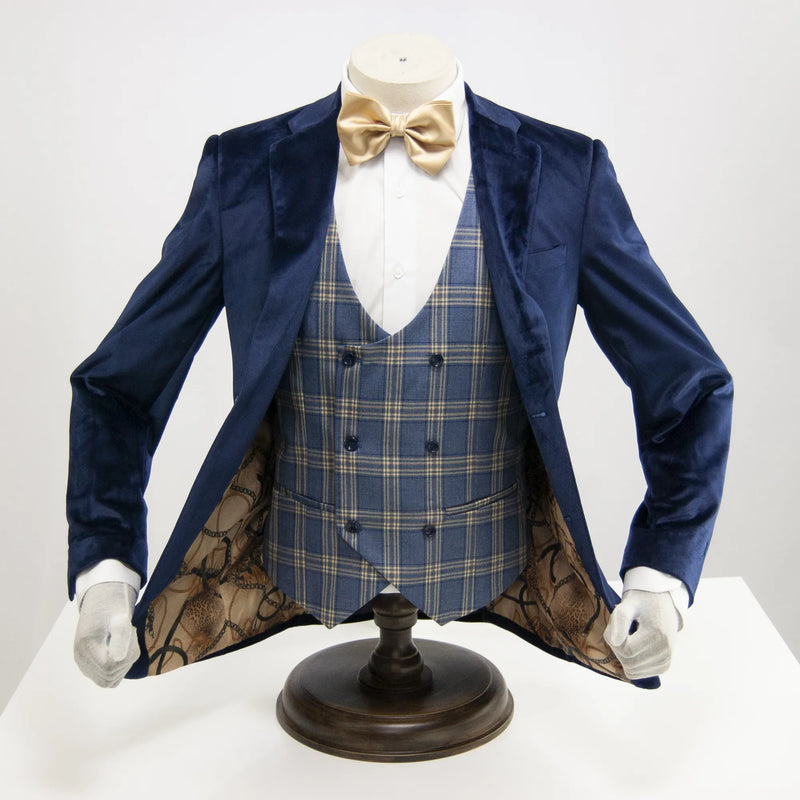 Blue Designer Velvet 3-Piece Slim-Fit Tuxedo with Plaid