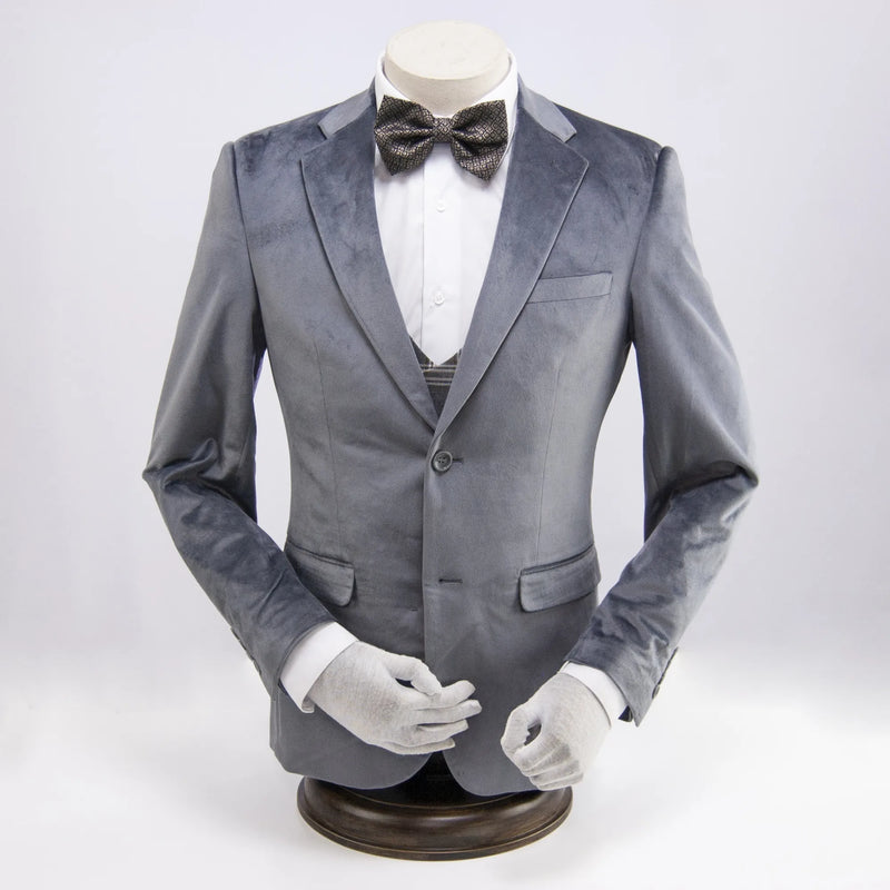 Gray Designer Velvet 3-Piece Slim-Fit Tuxedo with Plaid