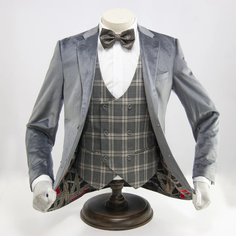 Gray Designer Velvet 3-Piece Slim-Fit Tuxedo with Plaid