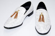 Men's White Slip-On Dress Loafer With Gold Tassels