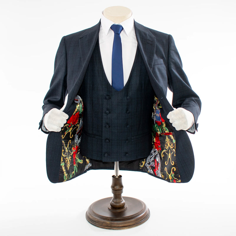 Men's Navy Blue Plaid 3-Piece Modern-Fit Suit And Double Breasted Vest