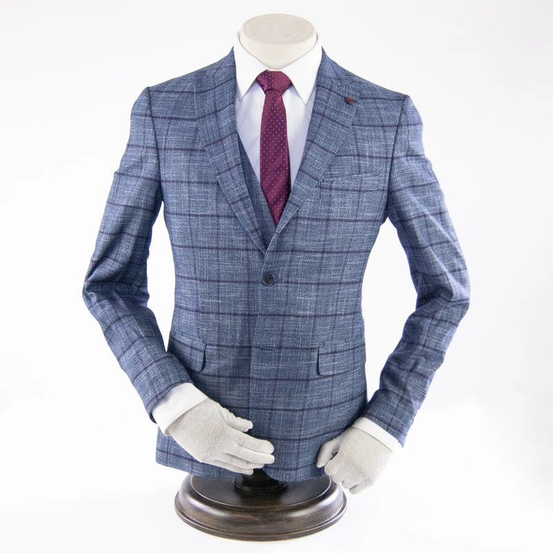 Blue and Burgundy Checked Designer 3-Piece Suit