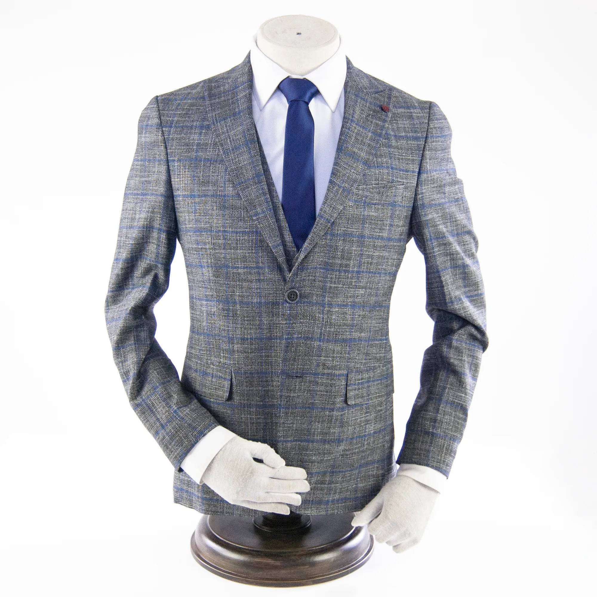 Dark Gray and Blue Checked Designer 3-Piece Suit
