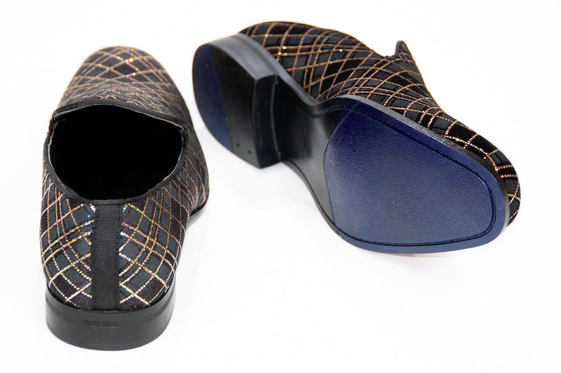 black and gray loafers with gold glitter pattern