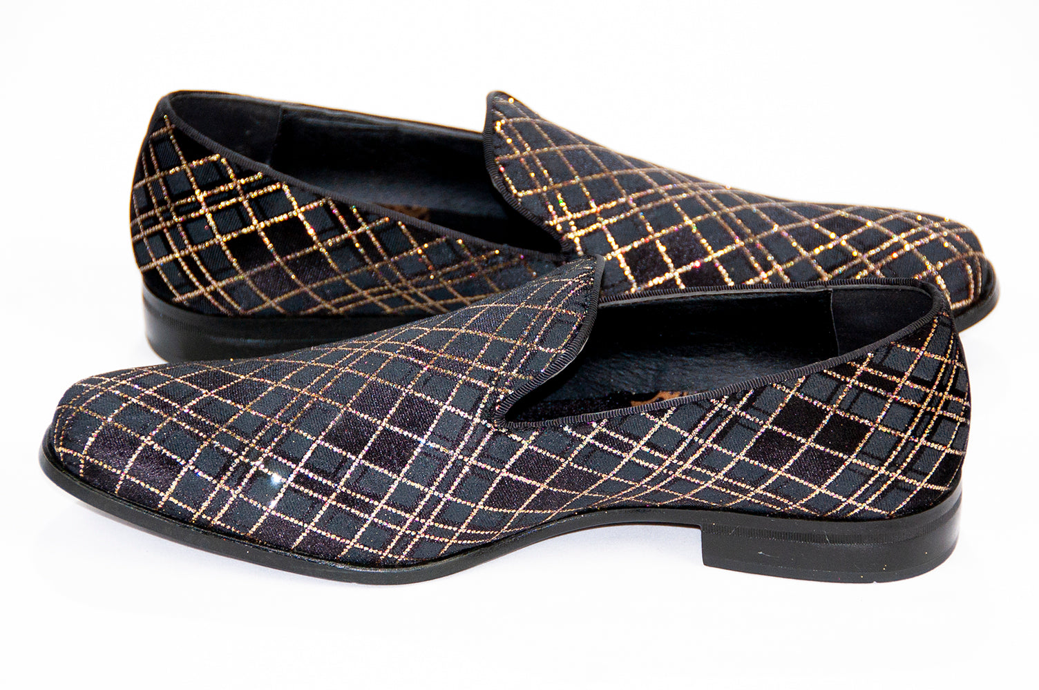 black and gray loafers with gold glitter pattern
