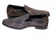black and gray loafers with gold glitter pattern