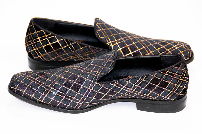 black and gray loafers with gold glitter pattern