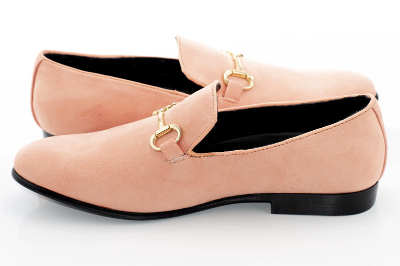 Men's Peach Pink Suede Leather Dress Loafer With Gold Chrome Bit