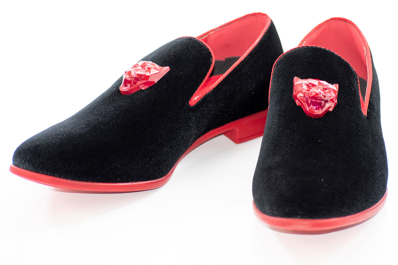 Men's Black And White Velvet Dress Loafer With Lion Bit