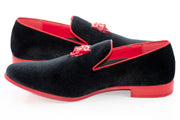 Men's Black And White Velvet Dress Loafer With Lion Bit