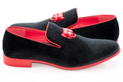 Men's Black And White Velvet Dress Loafer With Lion Bit