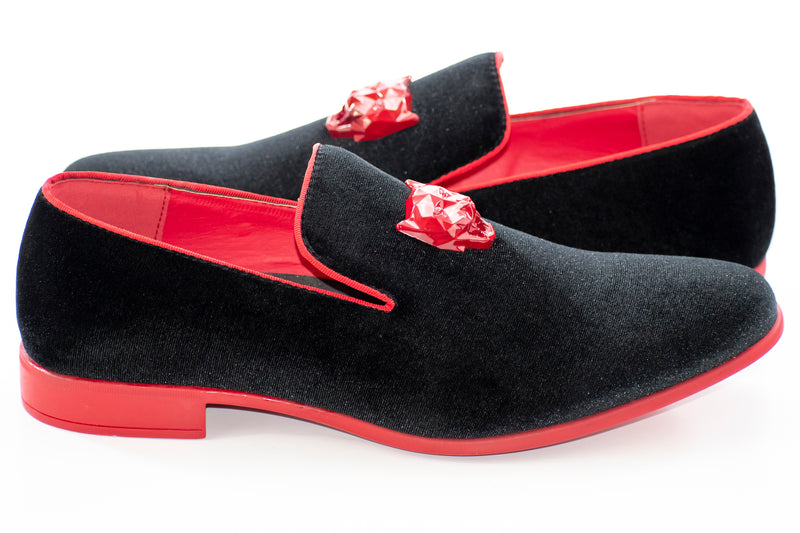 Men's Black And White Velvet Dress Loafer With Lion Bit