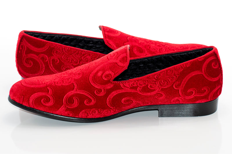Men's Red Velvet Embroidered Dress Loafer