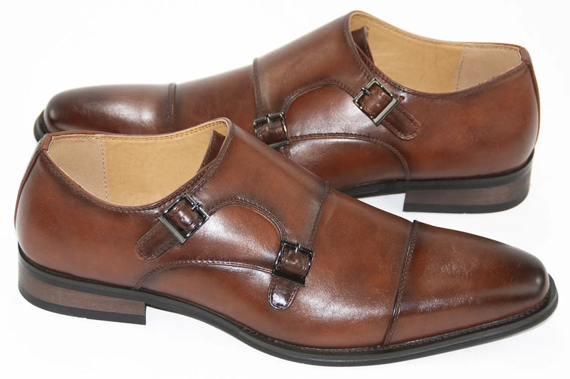 Men's Cognac Brown Leather Double Strapped Monk Strap