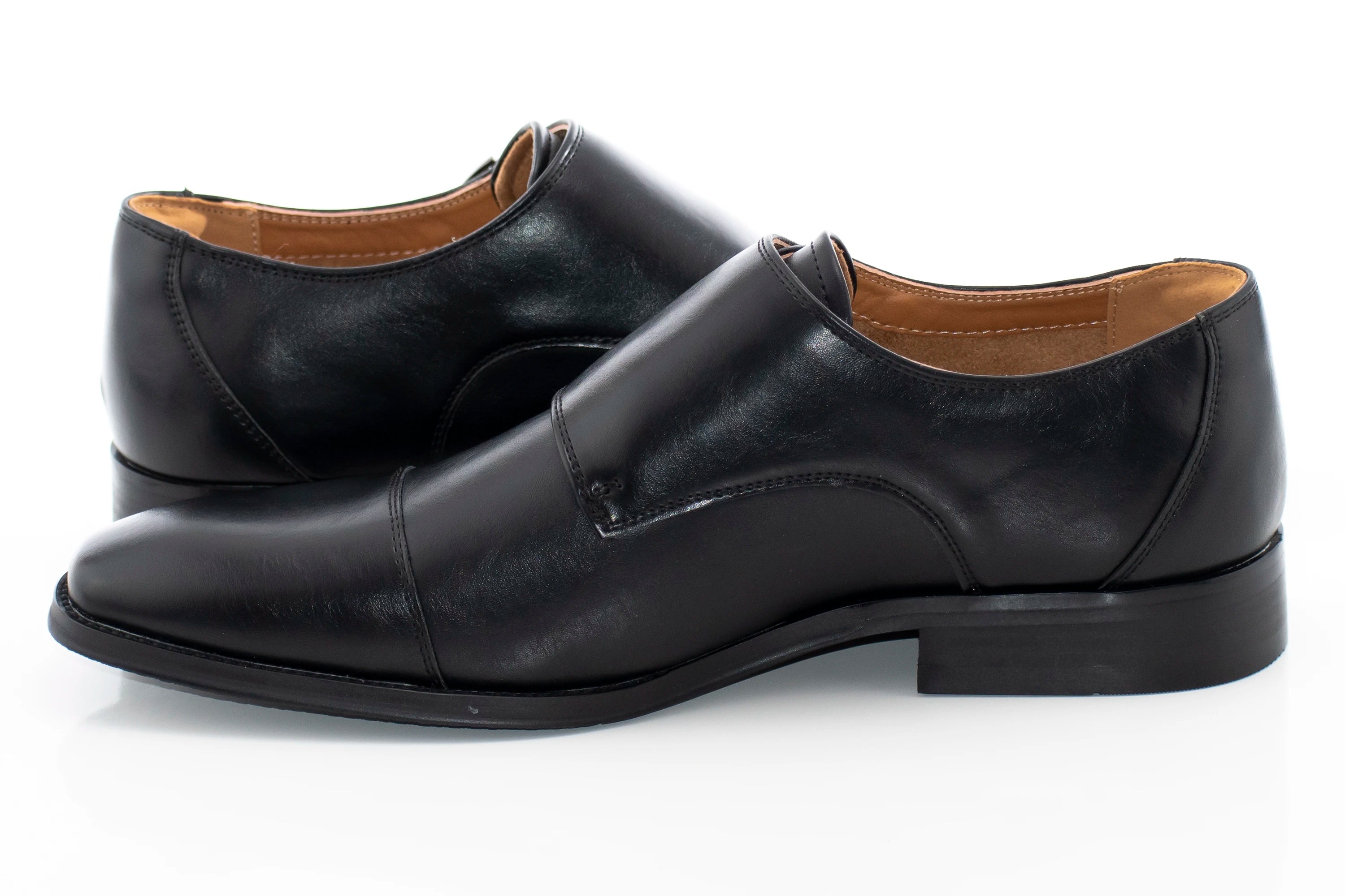 Men's Black Grain Leather Monk Strap Shoe Sideview