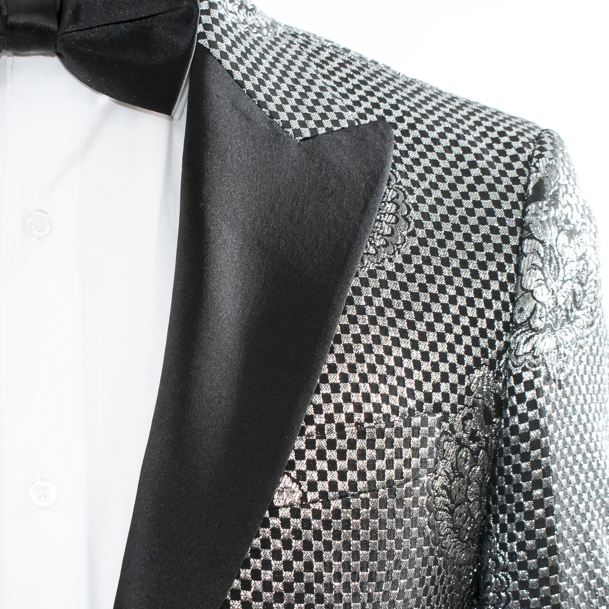 Black Silver Metallic Floral Tailor-Fit Tuxedo Jacket
