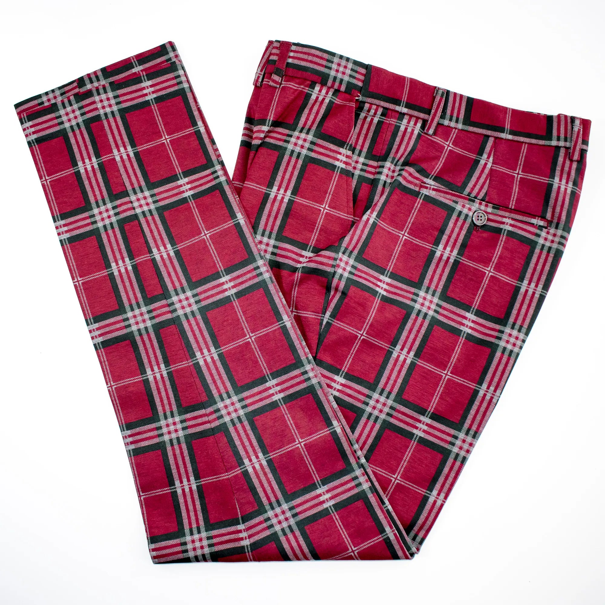 Wine And Green Tartan Plaid Slim-Fit Dress Pants