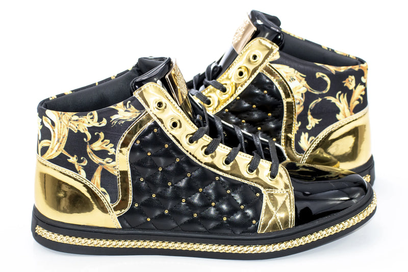 Men's Black And Gold Quilted High-Top Sneakers