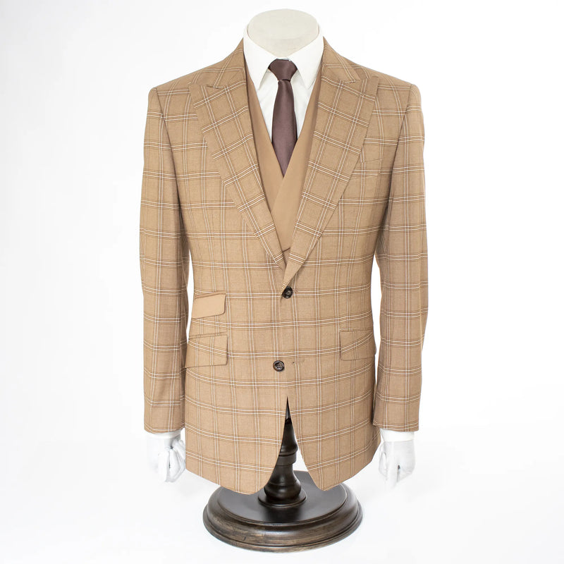 Camel 3-Piece Modern-Fit Wool Suit With Peak Lapels