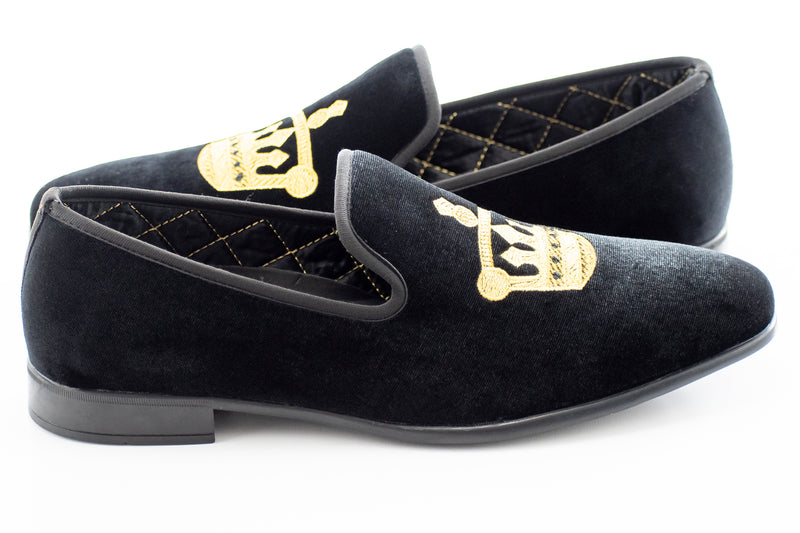 Black Velvet Embroidered Slip-On Loafer