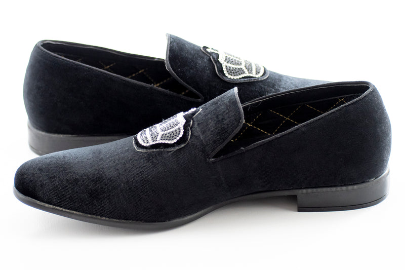 Black Velvet Loafer With Jeweled Crown Piece
