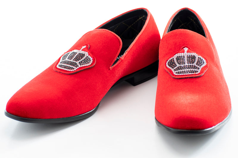 Red Velvet Loafer With Jeweled Crown Piece