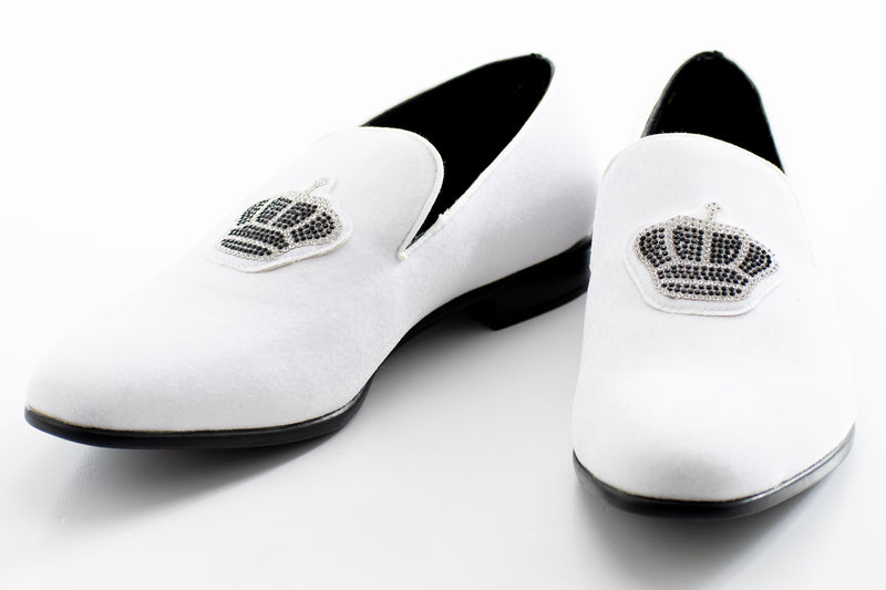 White Velvet Loafer With Jeweled Crown Piece