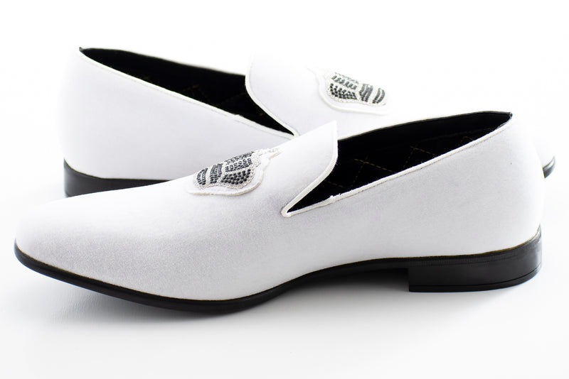 White Velvet Loafer With Jeweled Crown Piece