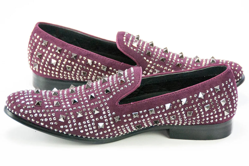 Burgundy Spiked Rhinestones Smoking Loafer