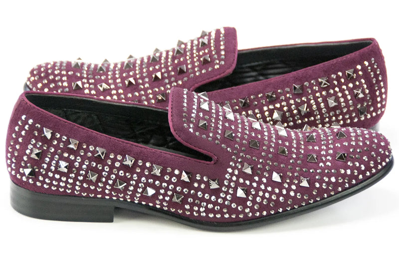 Burgundy Spiked Rhinestones Smoking Loafer