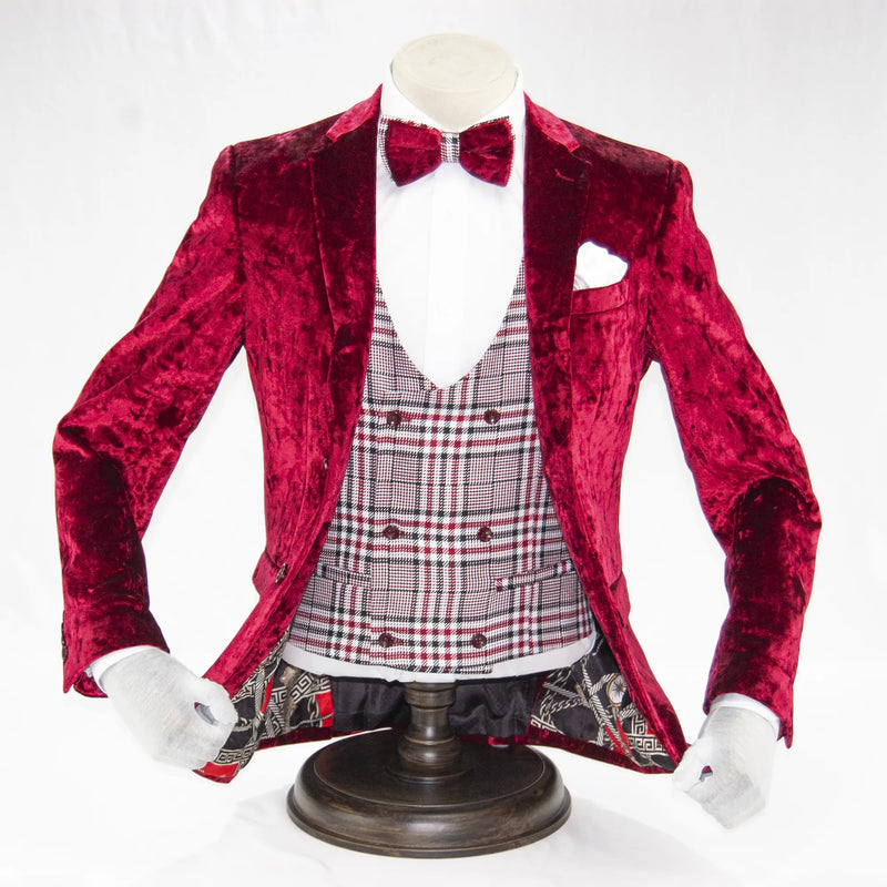 Burgundy Velour 3-Piece Slim-Fit Tuxedo