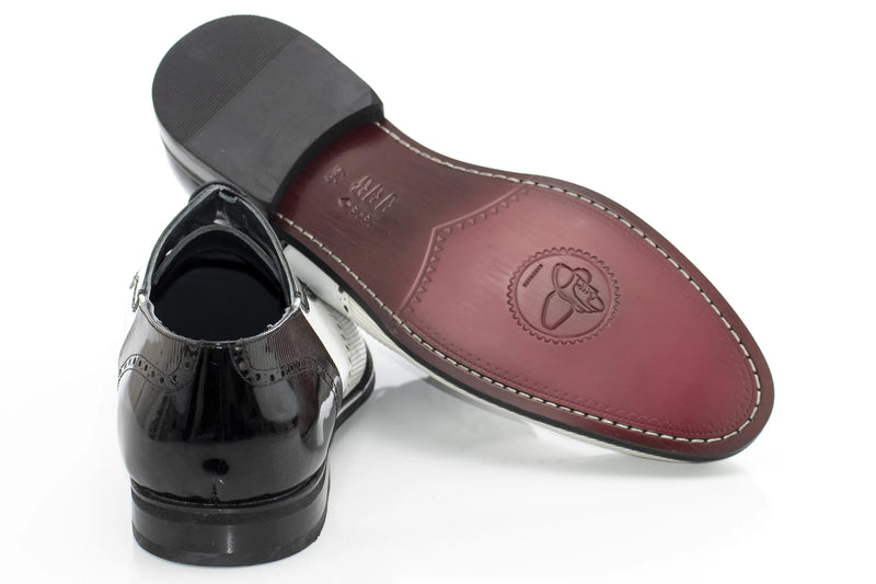 White Brogue Leather with Black Patent Leather Derby Lace-Ups