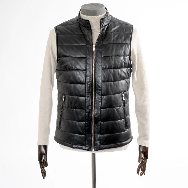 Black Quilted Leather Vest Jacket