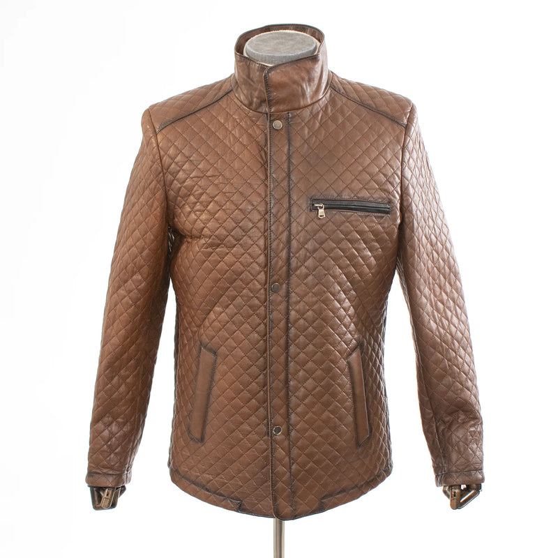 Brown Diamond-Stitch Regular-Fit Leather Jacket