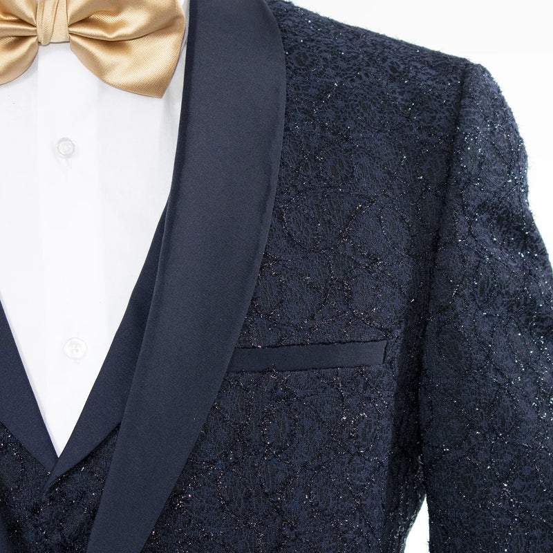 Navy 3-Piece Glitter Damask Tuxedo