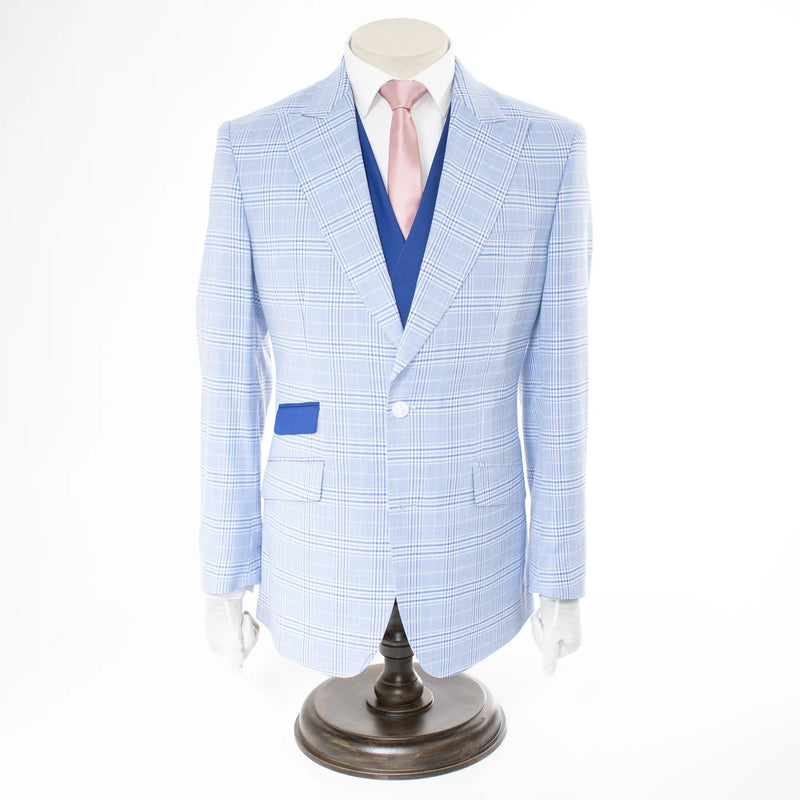 Blue 3-Piece Modern-Fit Plaid Suit With Peak Lapels