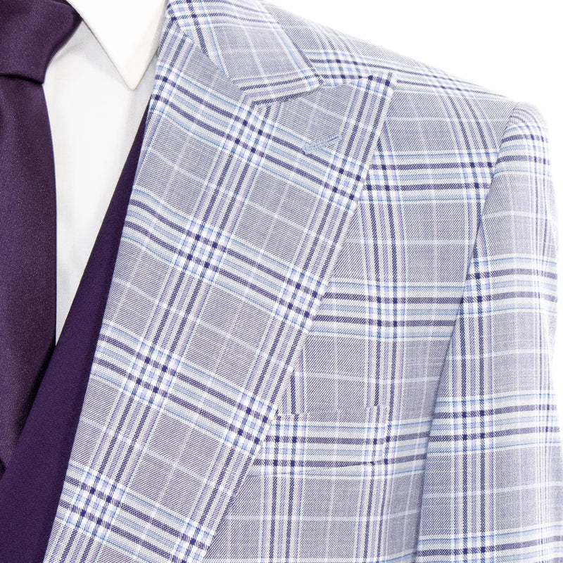 Eggplant 3-Piece Modern-Fit Plaid Suit With Peak Lapels