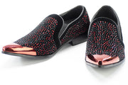 Men's Black And Red Velvet Jewel Dress Shoe With Chrome Cap-Toe
