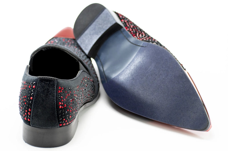 Men's Black And Red Velvet Jewel Dress Shoe With Chrome Cap-Toe