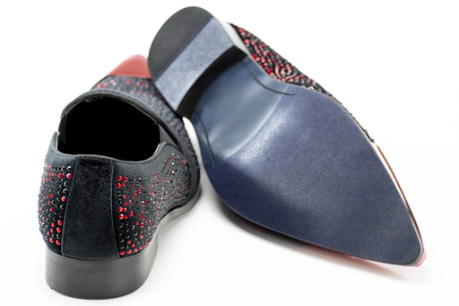 Men's Black And Red Velvet Jewel Dress Shoe With Chrome Cap-Toe