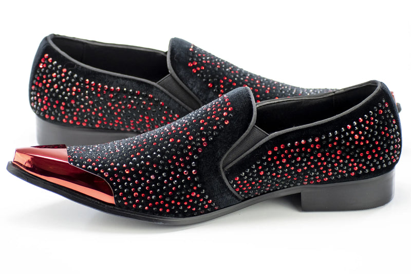 Men's Black And Red Velvet Jewel Dress Shoe With Chrome Cap-Toe