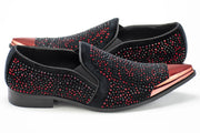 Men's Black And Red Velvet Jewel Dress Shoe With Chrome Cap-Toe
