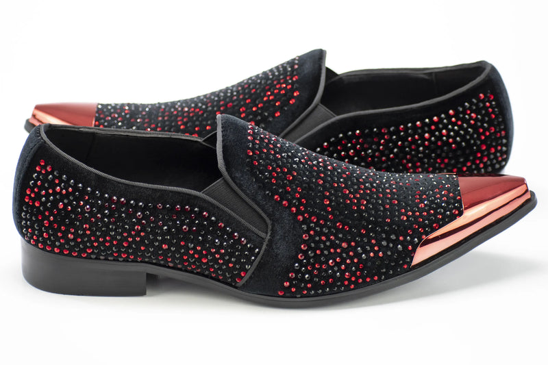 Men's Black And Red Velvet Jewel Dress Shoe With Chrome Cap-Toe