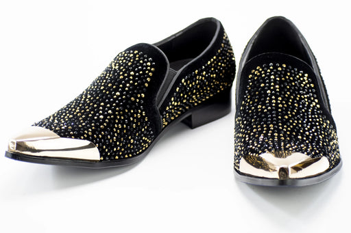 Black Velvet & Gold Jeweled Smoking Loafers With Metal Tip