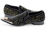Black Velvet & Gold Jeweled Smoking Loafers With Metal Tip