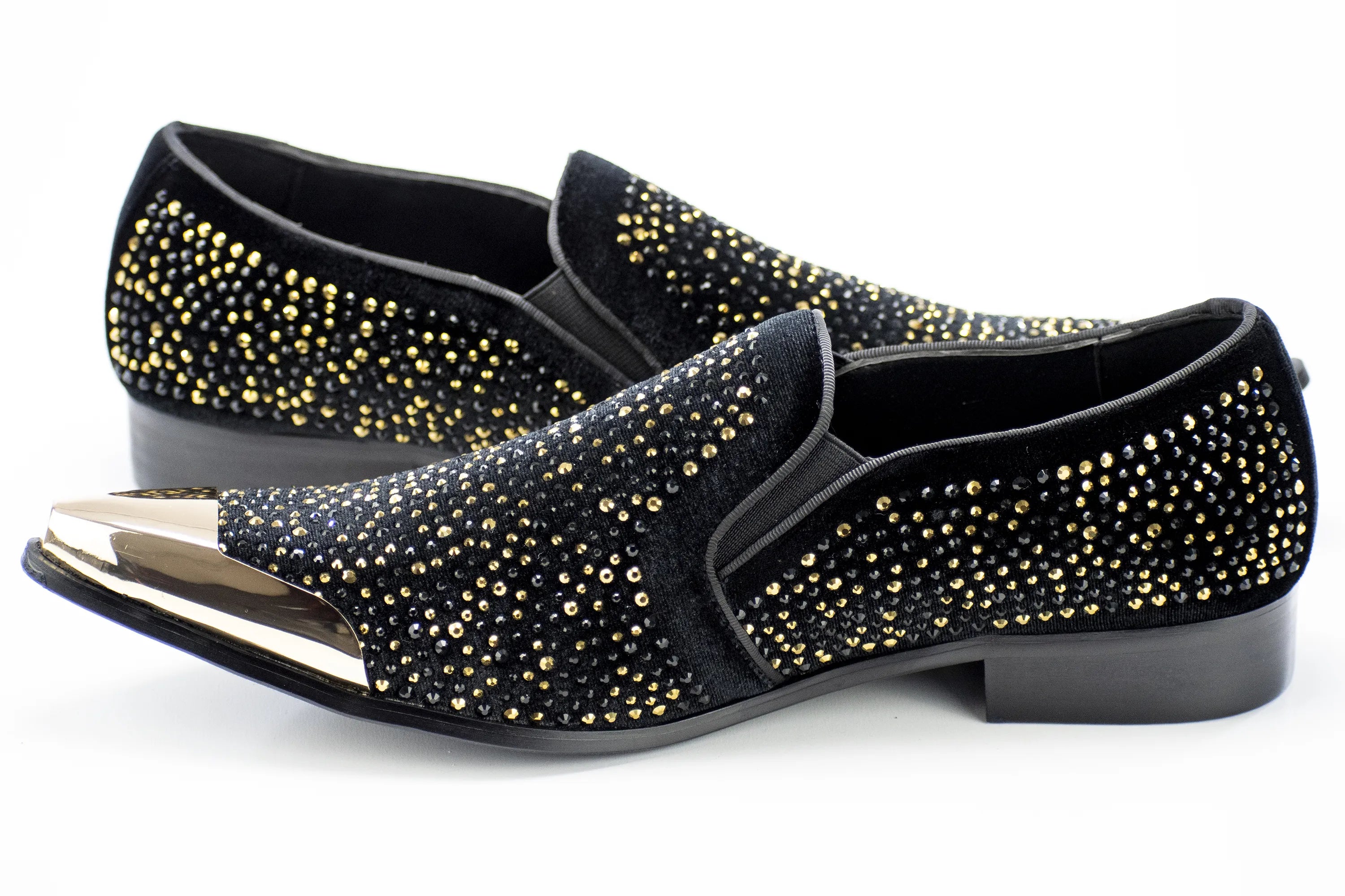 Black Velvet & Gold Jeweled Smoking Loafers With Metal Tip