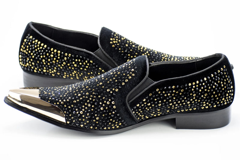 Black Velvet & Gold Jeweled Smoking Loafers With Metal Tip